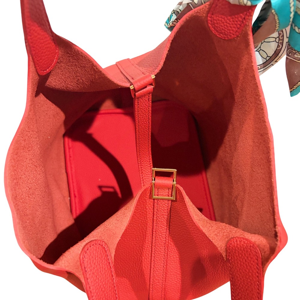 SADI Artisanal Leatherware Red Pebbled Leather Bucket Bag Tote with Scarf Charm - Picture 5 of 6